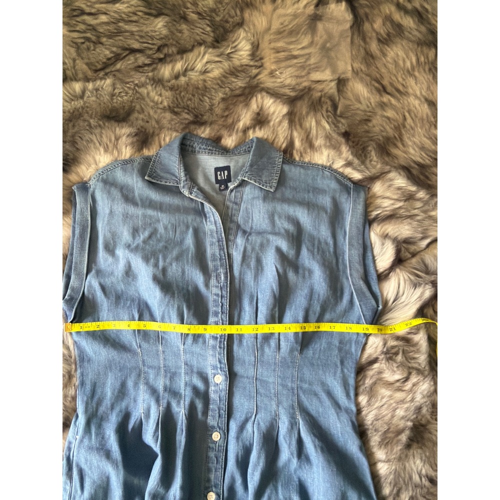 Gap Denim Midi Shirt Dress Medium Wash Blue Cotton Sleeveless Pleated Waist M - Picture 5 of 8